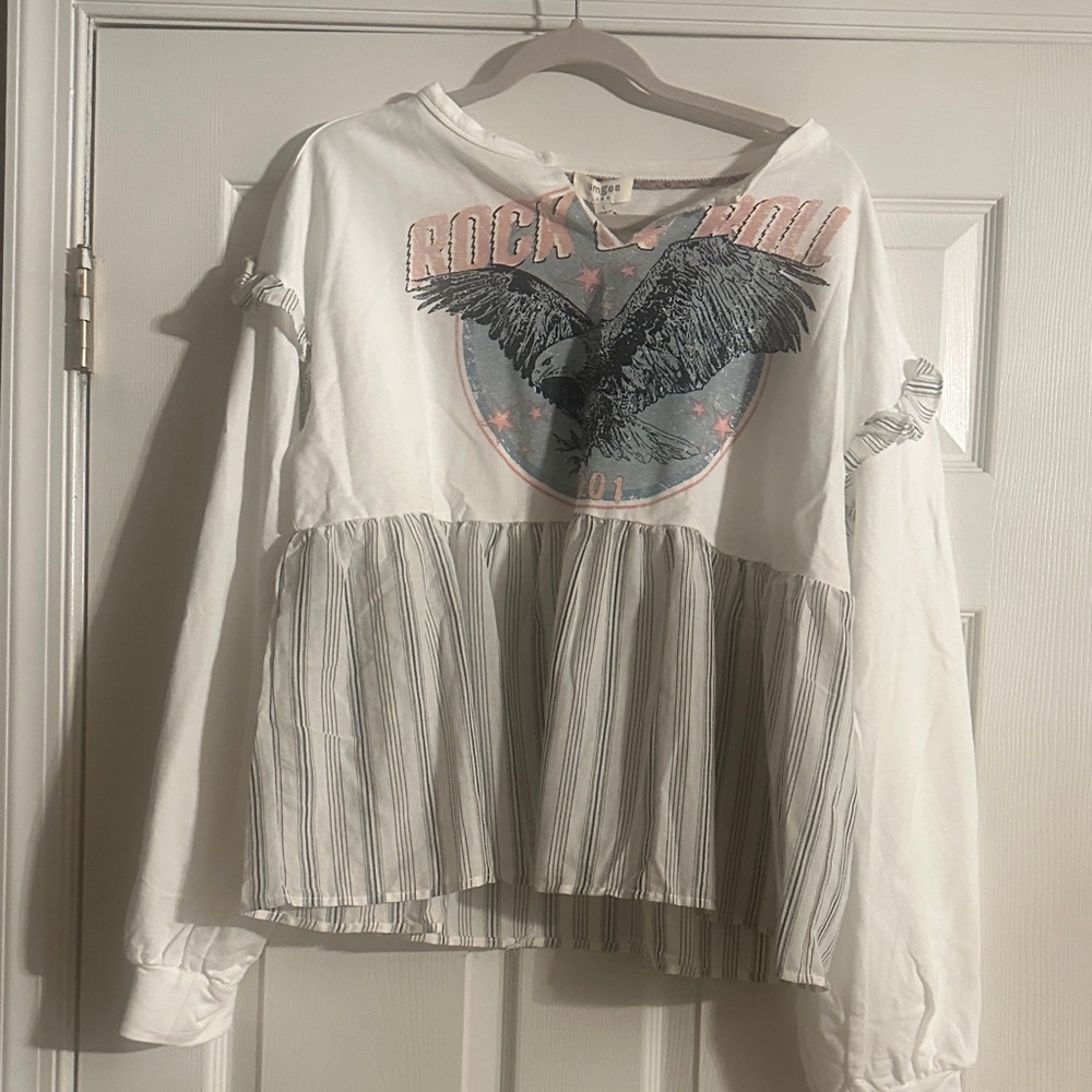 Umgee White Graphic 'Rock & Roll' Peplum Sweatshirt with Pink & Blue Accents